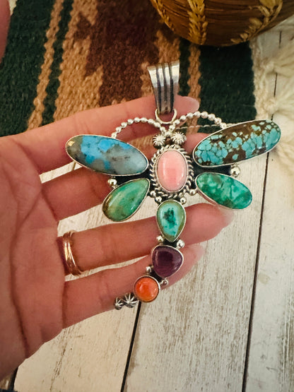 Navajo Multi Stone & Sterling Silver Dragonfly Pendant