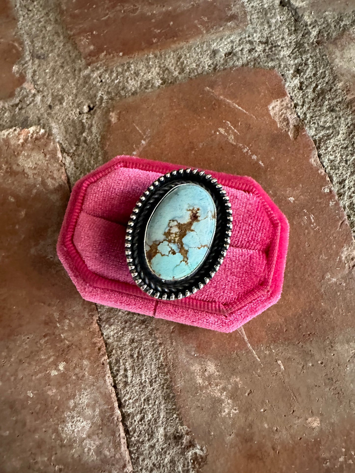 Beautiful Navajo Sterling Silver & Single Stone Golden Hills Turquoise Adjustable Ring Signed