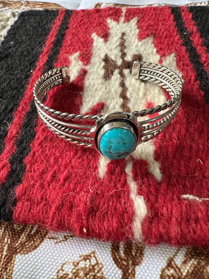 Navajo Single Stone Turquoise And Sterling Silver Adjustable Cuff Bracelet