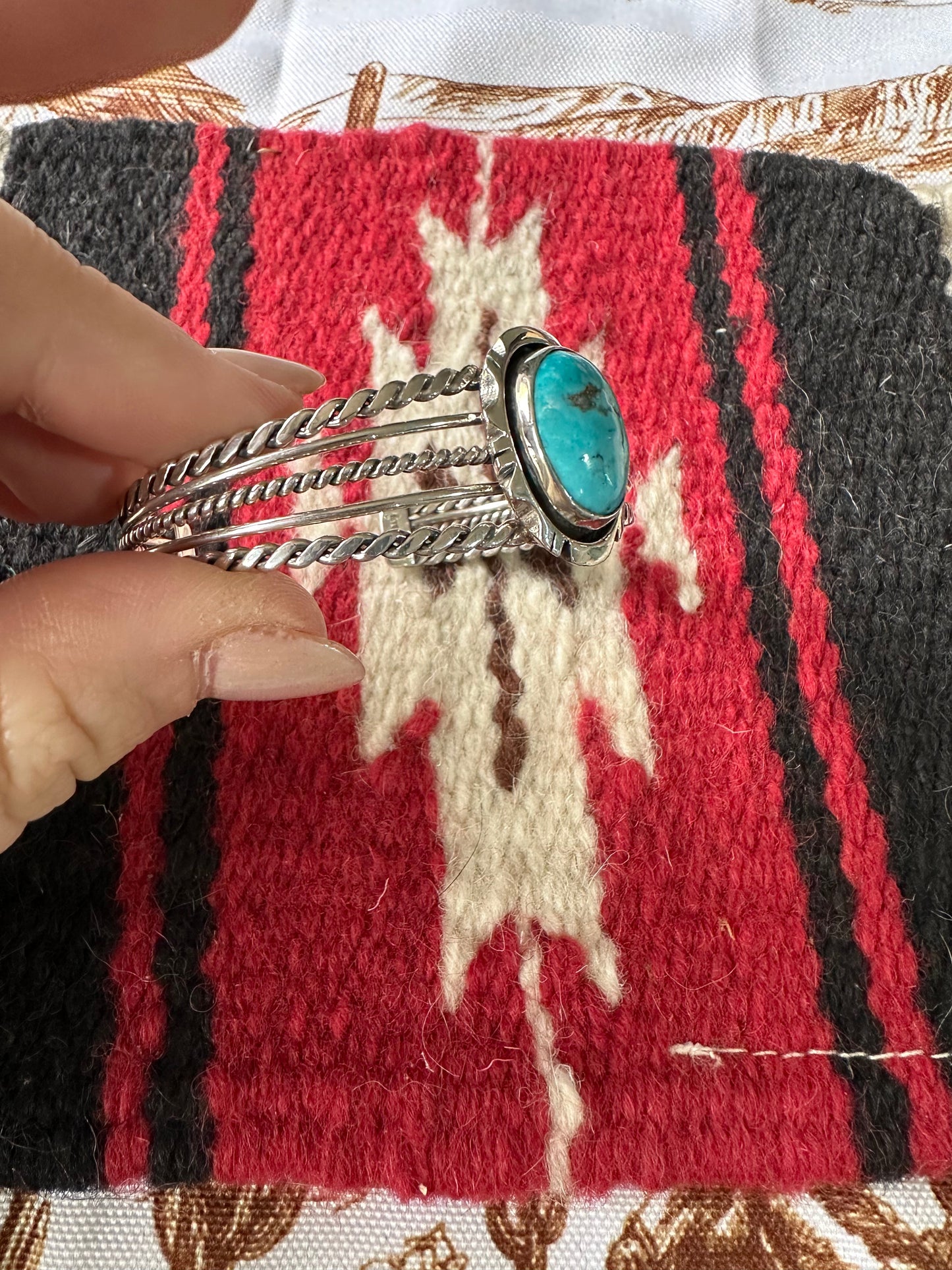 Navajo Single Stone Turquoise And Sterling Silver Adjustable Cuff Bracelet