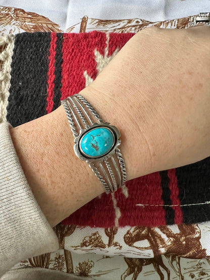 Navajo Single Stone Turquoise And Sterling Silver Adjustable Cuff Bracelet