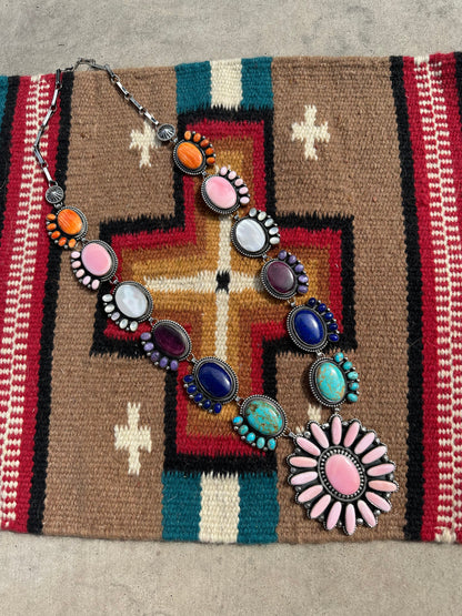 “Tequila Sunrise” Hemerson Brown Navajo Mulit Stone & Sterling Silver Necklace Signed