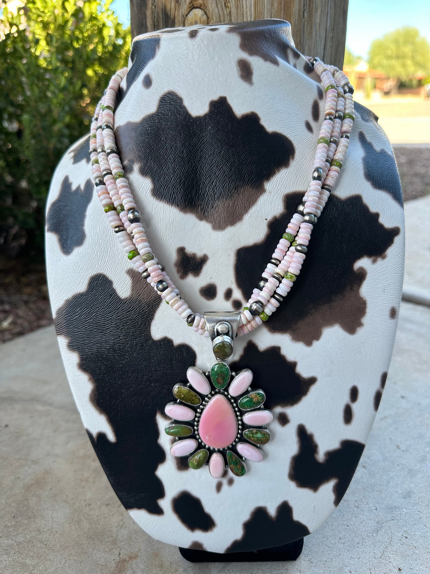 P Yazzie Navajo Sterling Silver, Pink Conch & Turquoise Beaded Necklace With Pendant Signed