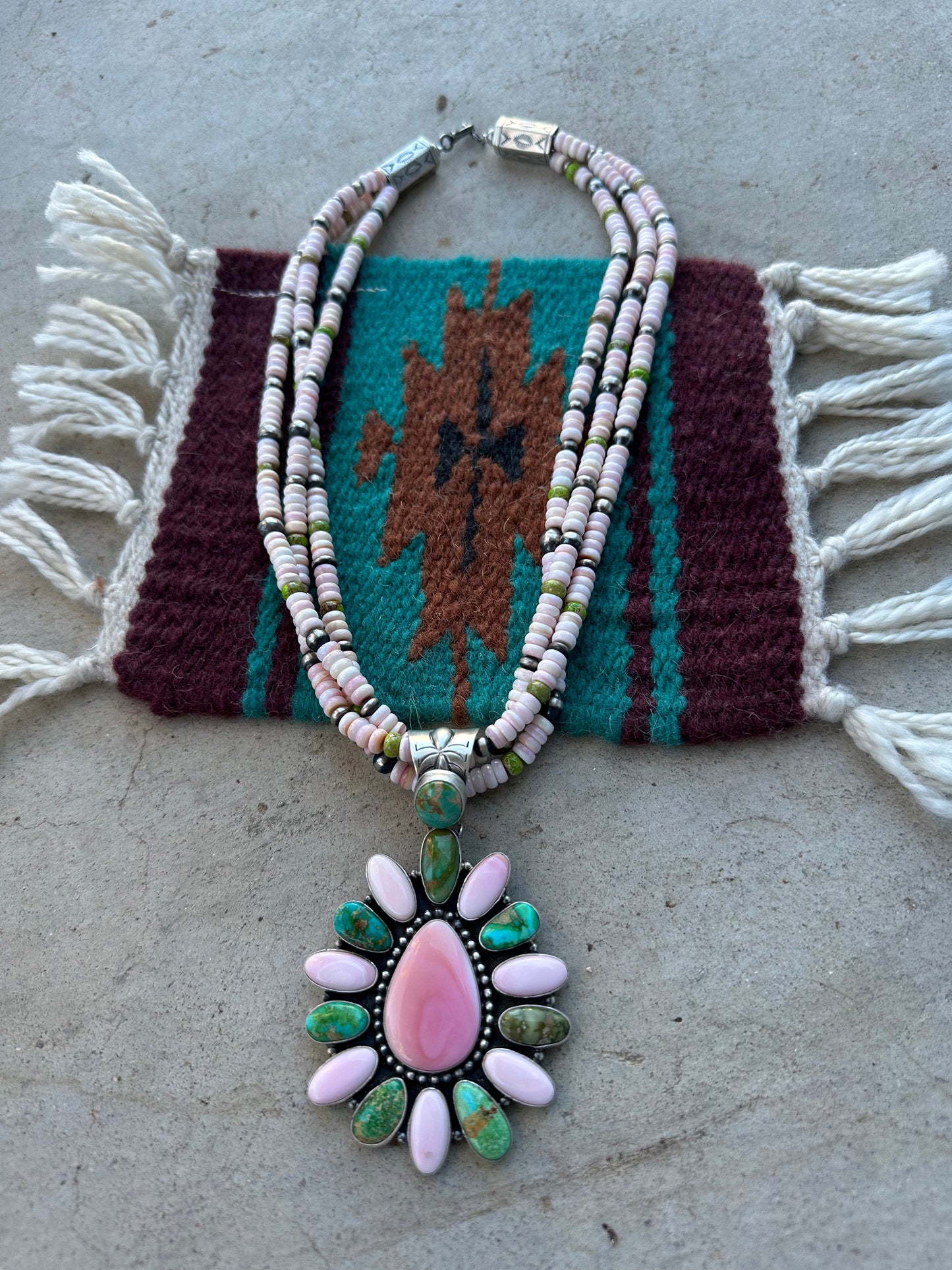 P Yazzie Navajo Sterling Silver, Pink Conch & Turquoise Beaded Necklace With Pendant Signed