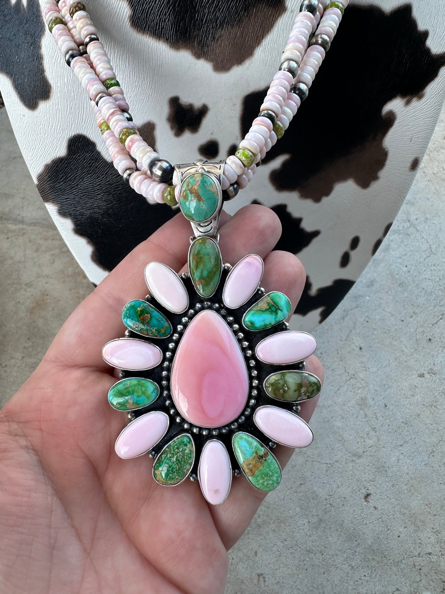 P Yazzie Navajo Sterling Silver, Pink Conch & Turquoise Beaded Necklace With Pendant Signed