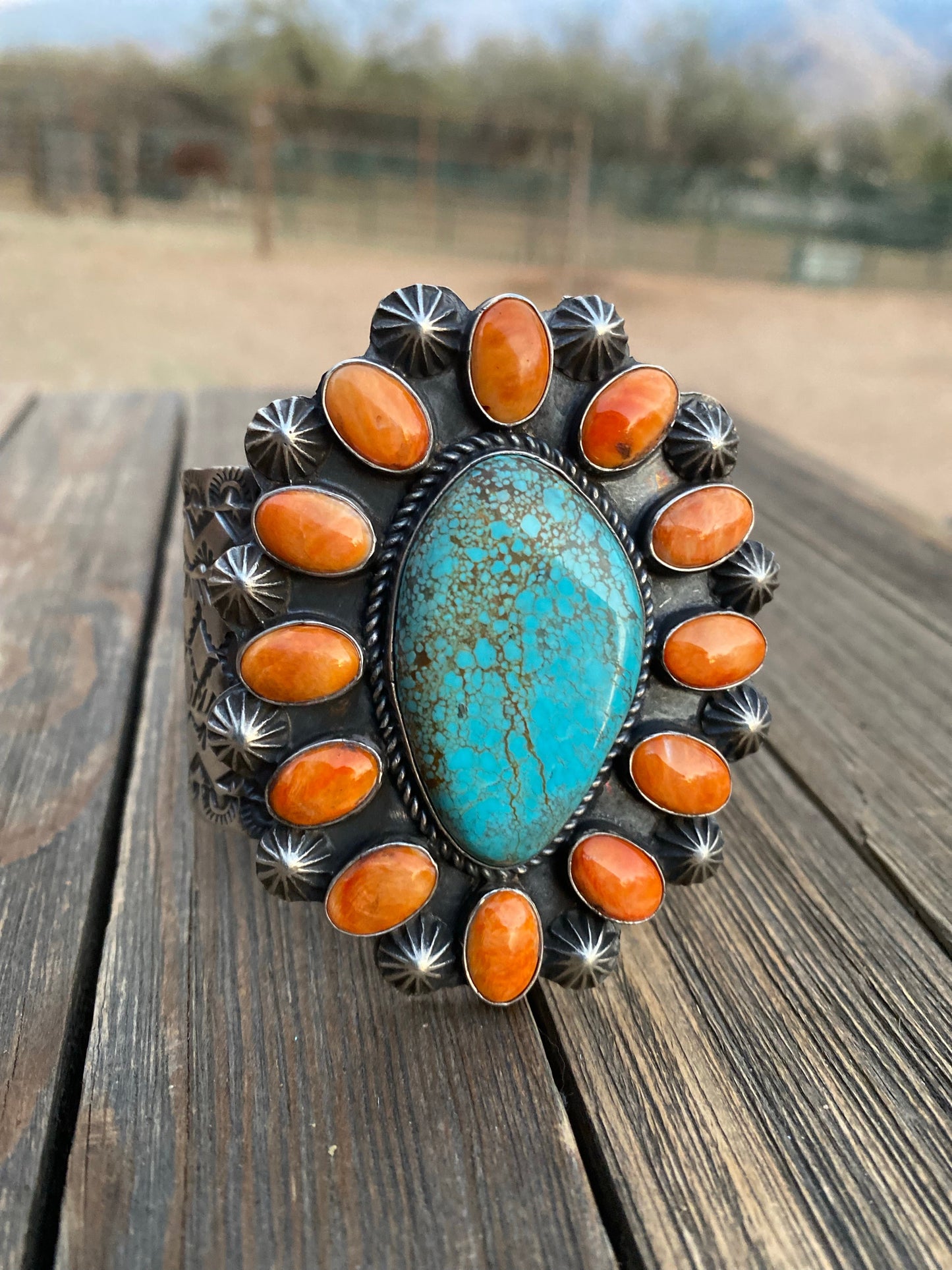 Kingman Turquoise & Spiny Sterling Silver Bracelet Signed