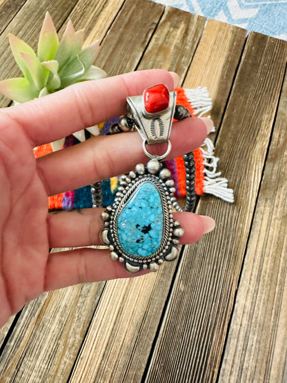 Navajo Sterling Silver, Turquoise & Coral Beaded Necklace