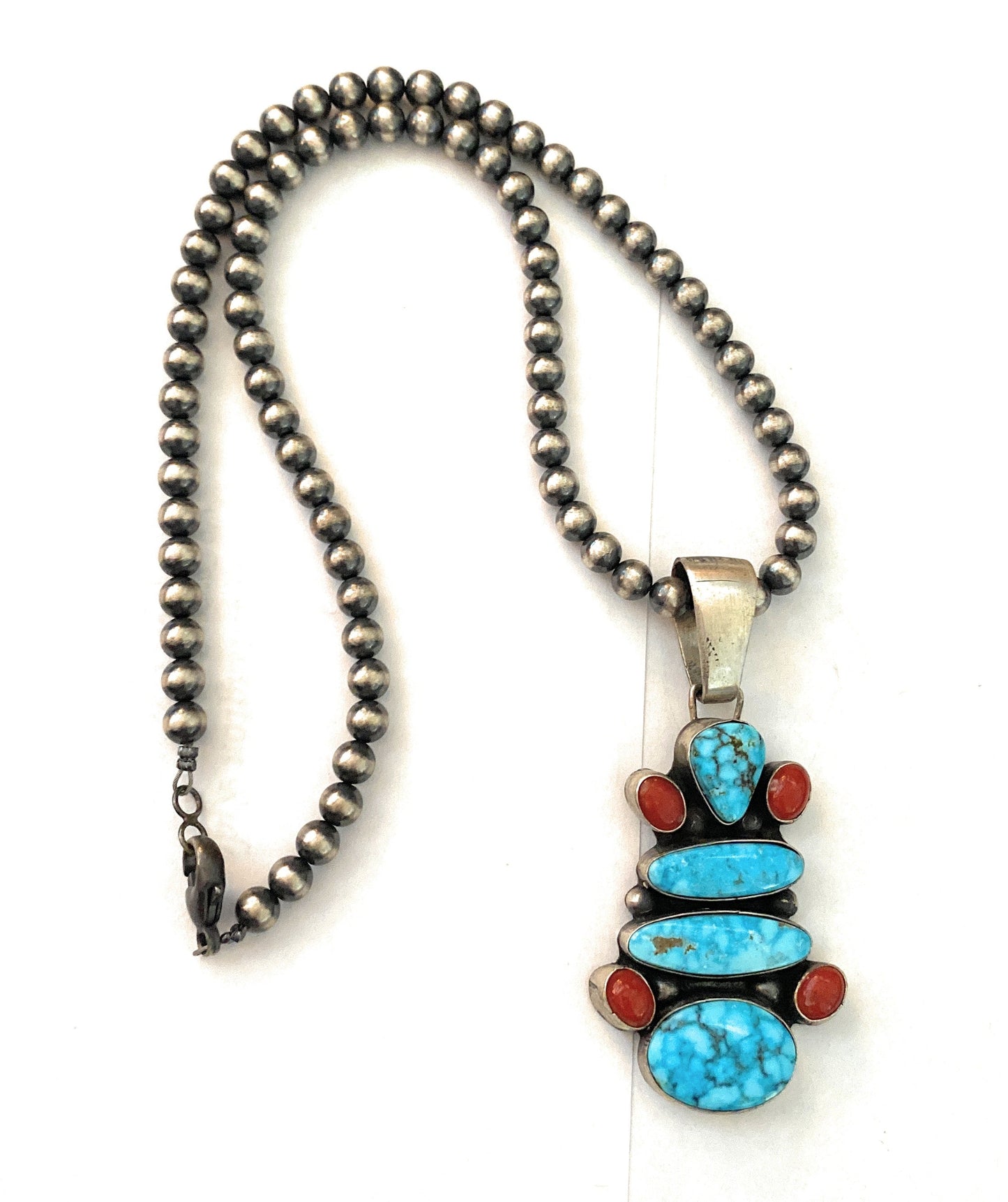 Navajo Sterling Silver, Turquoise & Coral Beaded Necklace