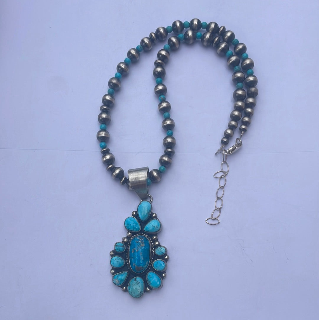 Navajo Sterling Silver & Turquoise Beaded Necklace With Pendant Signed Kathleen G