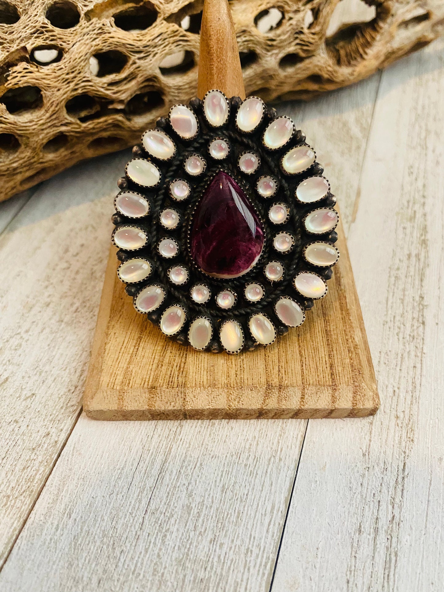 Navajo Sterling Silver, Mother of Pearl & Purple Spiny Cluster Adjustable Ring