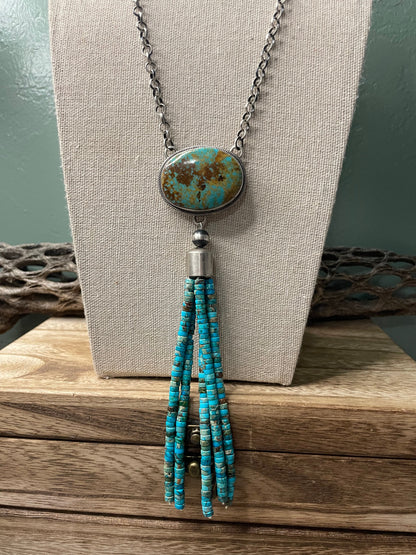 Navajo Turquoise & Sterling Silver Drop Necklace Signed Emer Thompson