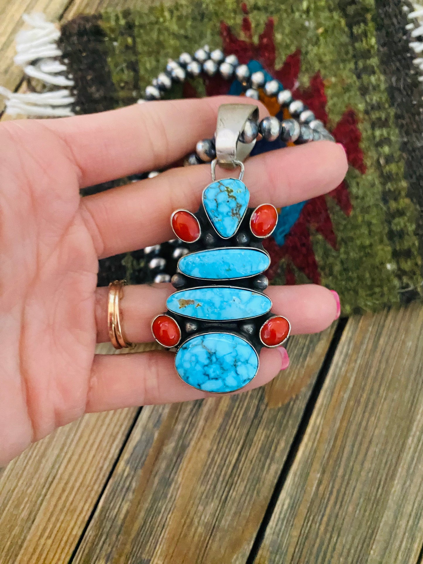 Navajo Sterling Silver, Turquoise & Coral Beaded Necklace