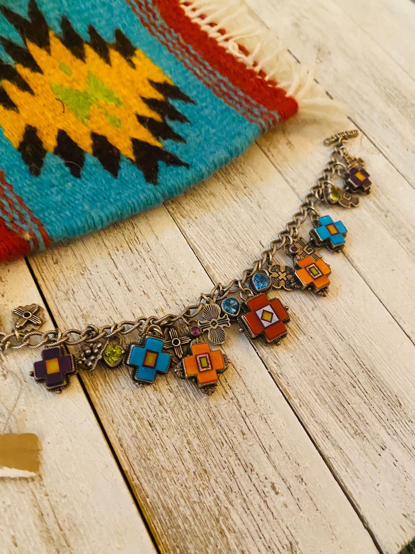 Navajo Multi Stone & Sterling Silver Inlay Link Bracelet