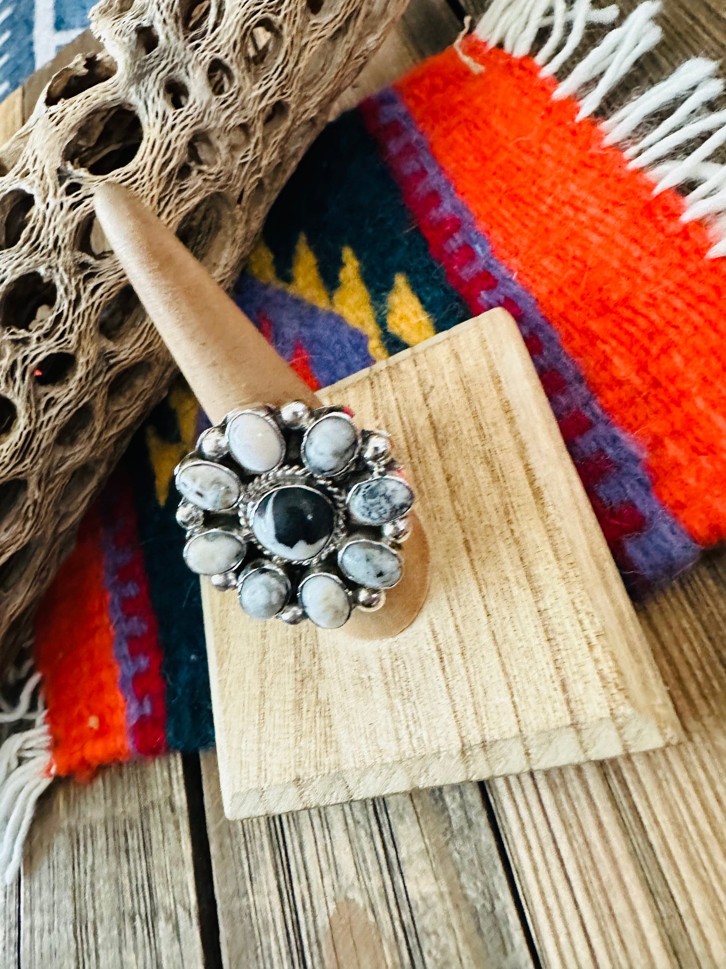 Navajo Sterling Silver And White Buffalo Cluster Adjustable Ring