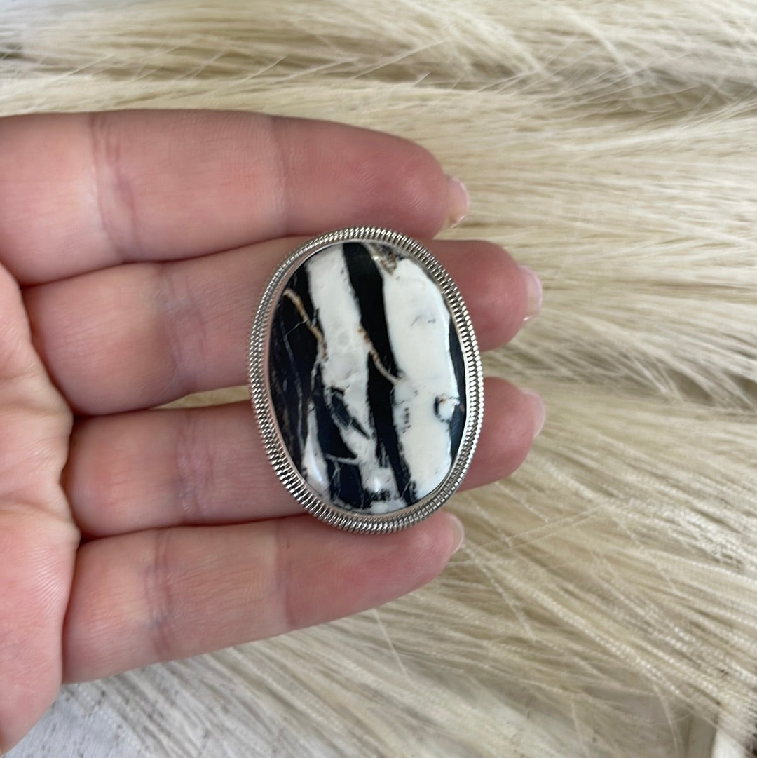 Navajo Sterling Silver & White Buffalo Adjustable Ring Signed