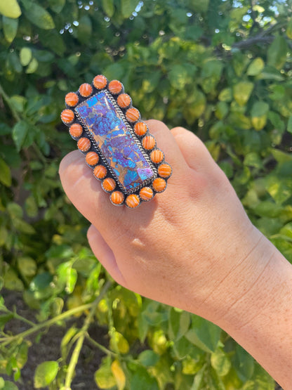 Navajo Orange Spiny, Purple Dream & Sterling Silver Adjustable Ring Signed P Yazzie