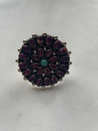 Navajo Turquoise And Purple Spiny Sterling Silver Adjustable Ring