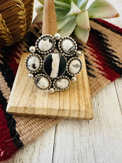 Navajo Sterling Silver And White Buffalo Cluster Adjustable Ring