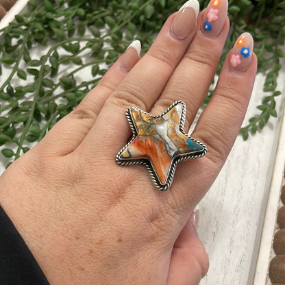 Navajo Orange Dream And Sterling Silver Star Adjustable Ring