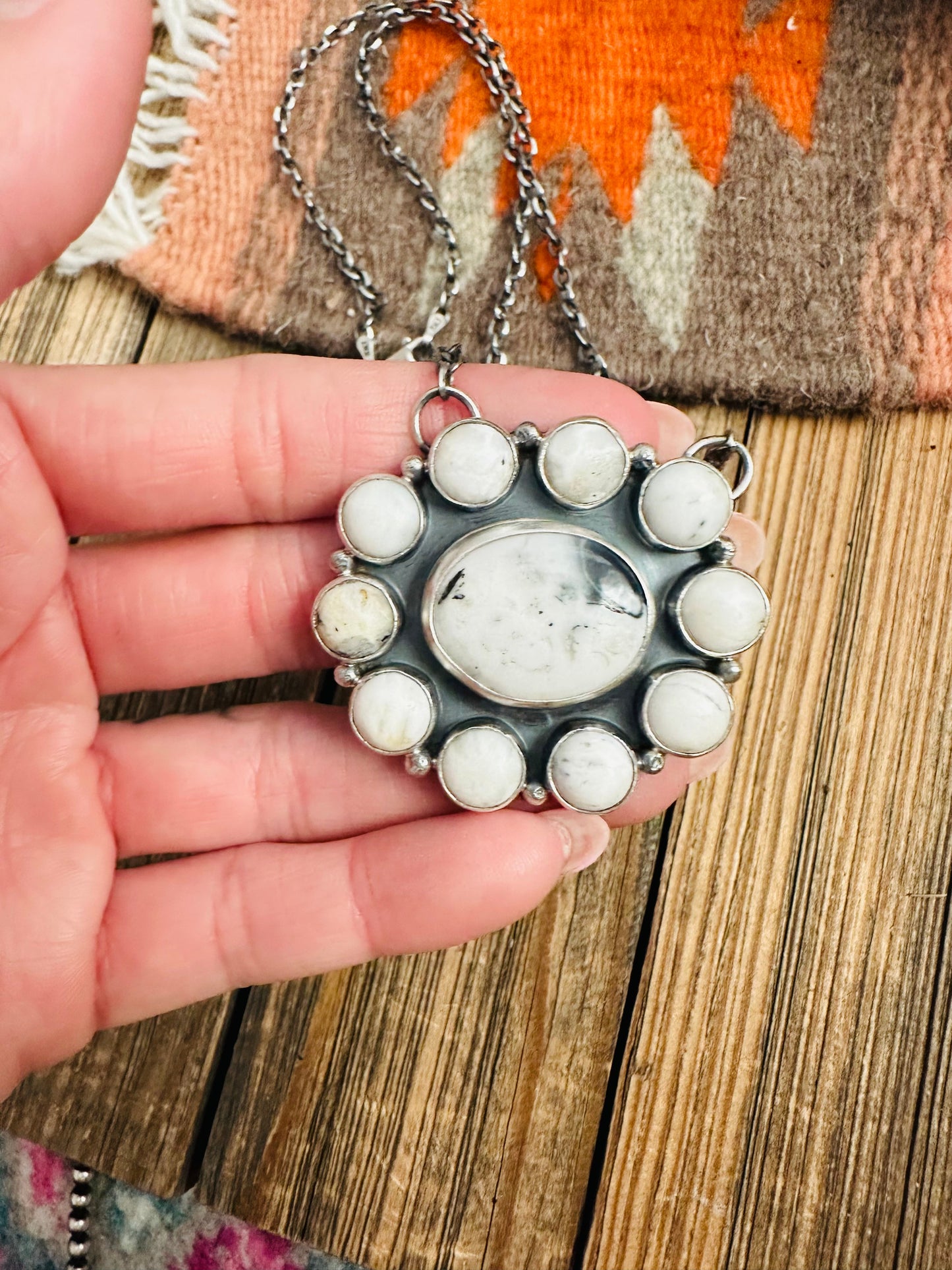 Navajo Sterling Silver & White Buffalo Cluster Necklace Signed