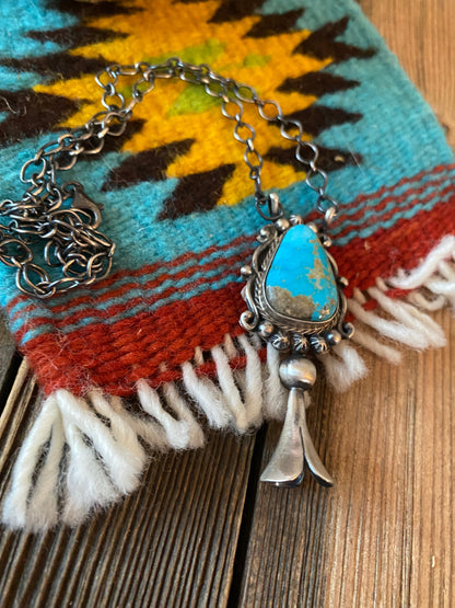 Navajo Sterling Silver & Kingman Turquoise Blossom Necklace Signed