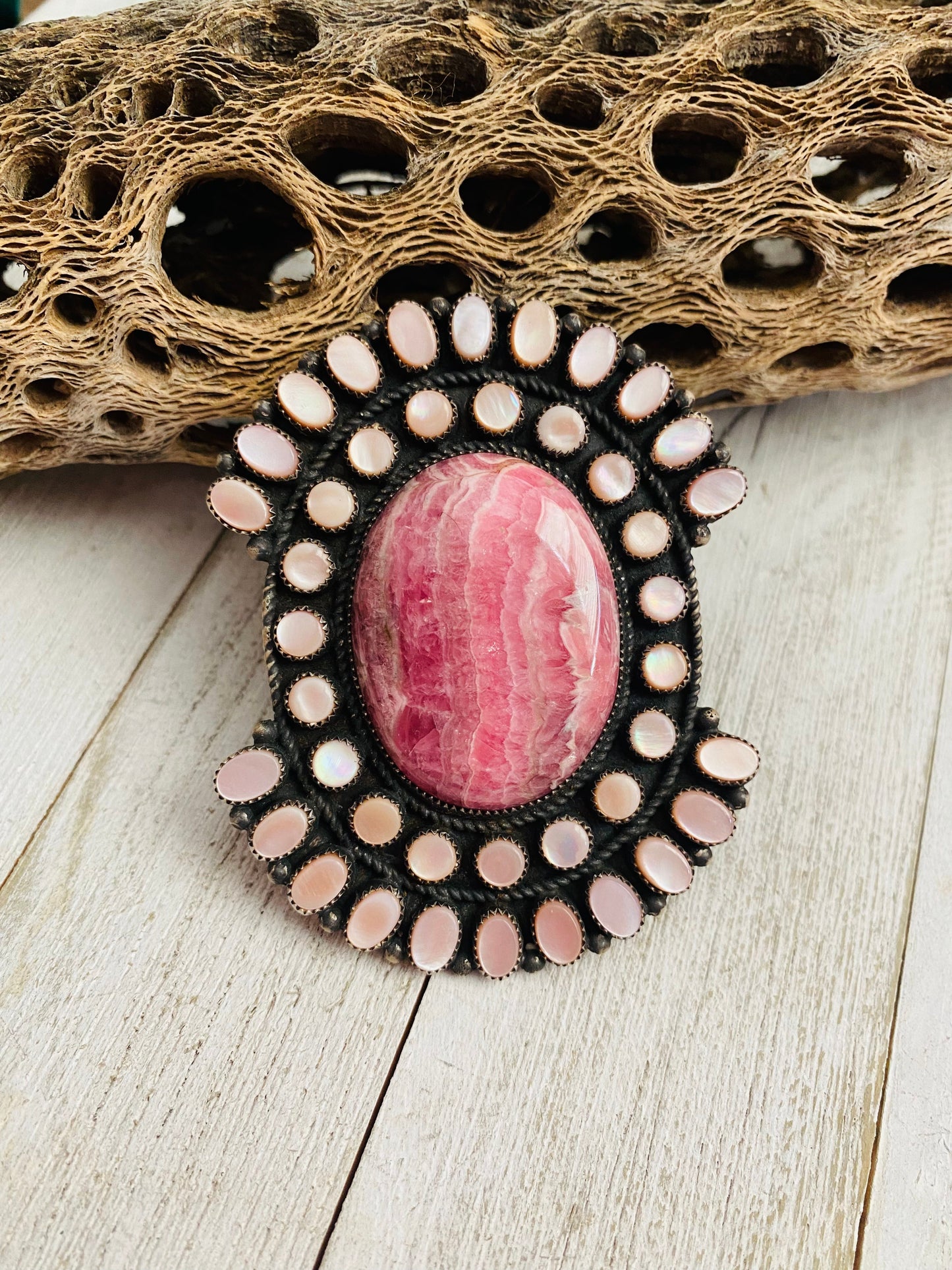 Navajo Sterling Silver, Mother of Pearl & Rhodochrosite Cluster Adjustable Ring