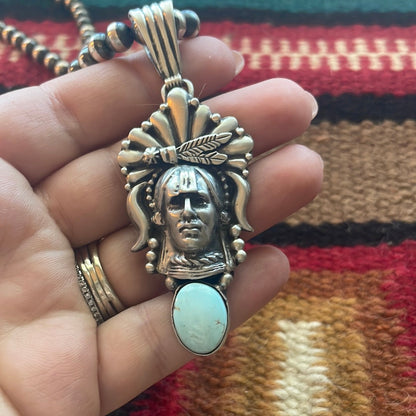 Beautiful Navajo Sterling Silver & Turquoise Chief Pendant Signed Russell Sam