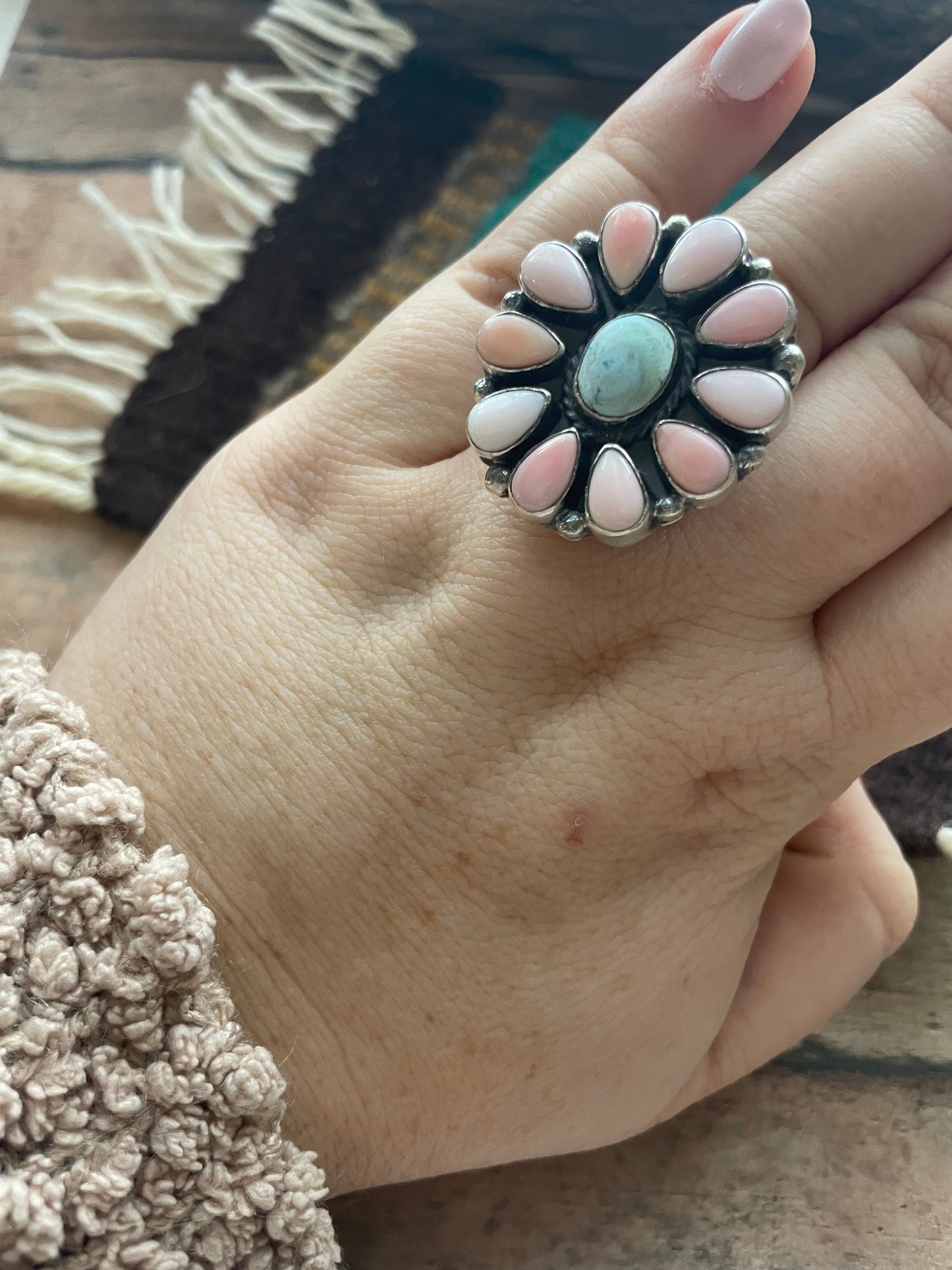 Navajo Golden Hills Turquoise, Pink Conch, and Sterling Silver Adjustable Ring Signed C. Yazzie