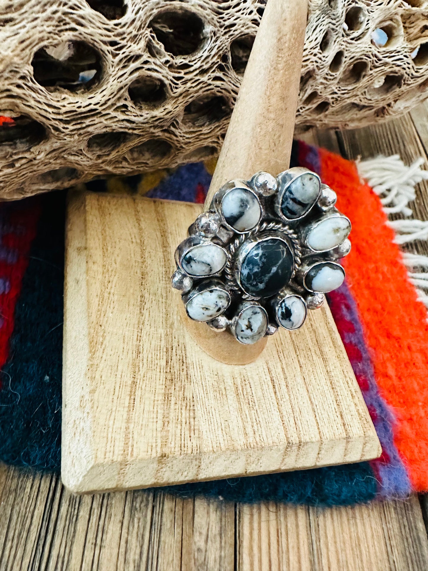 Navajo Sterling Silver And White Buffalo Cluster Adjustable Ring