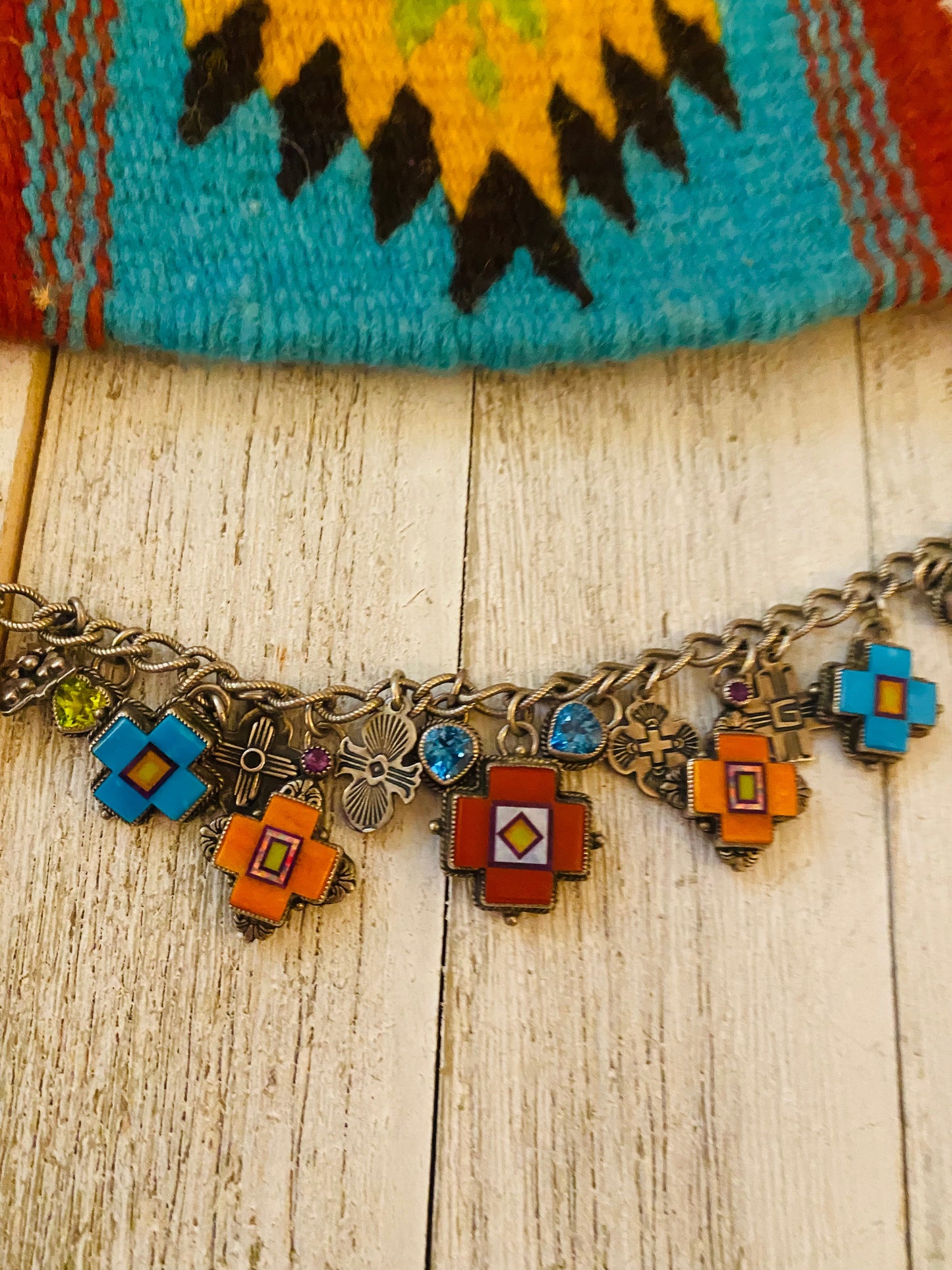 Navajo Multi Stone & Sterling Silver Inlay Link Bracelet