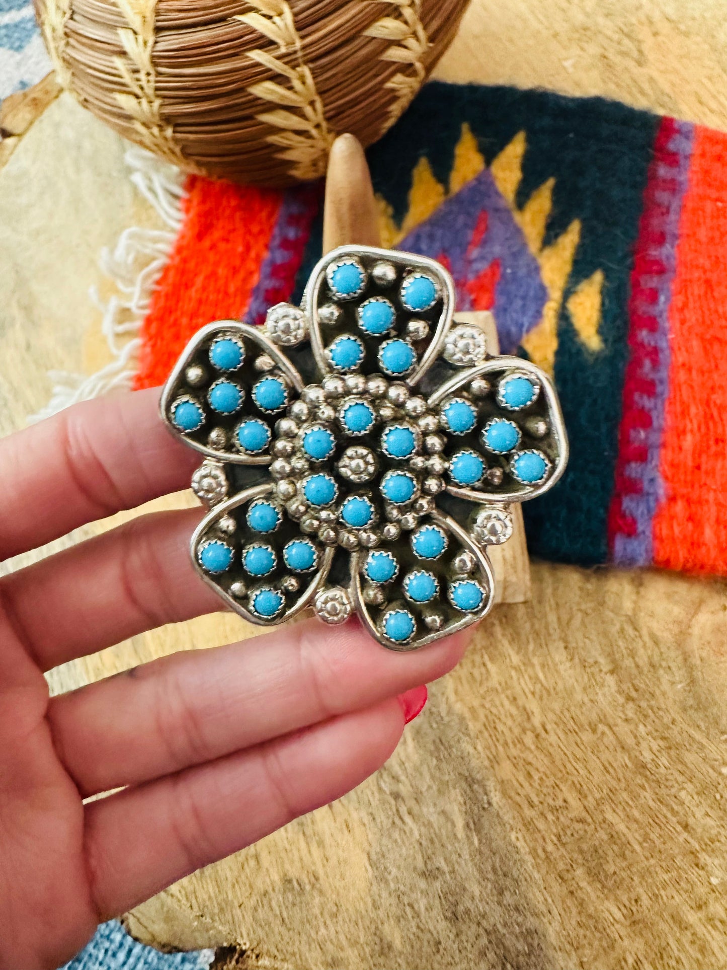 Navajo Turquoise & Sterling Silver Flower Adjustable Ring