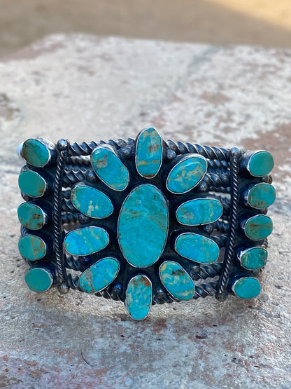 Navajo Jacqueline Silver Royston Turquoise & Sterling Cluster Cuff