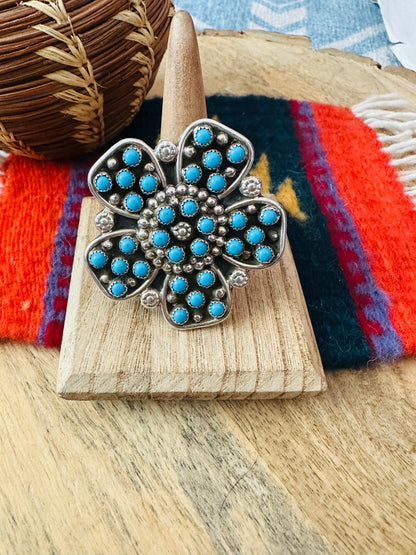 Navajo Turquoise & Sterling Silver Flower Adjustable Ring