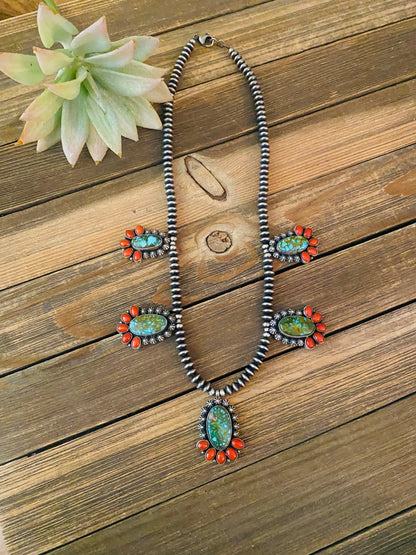 Navajo Sterling Kingman Turquoise & Natural Red Coral Necklace Taos Collection