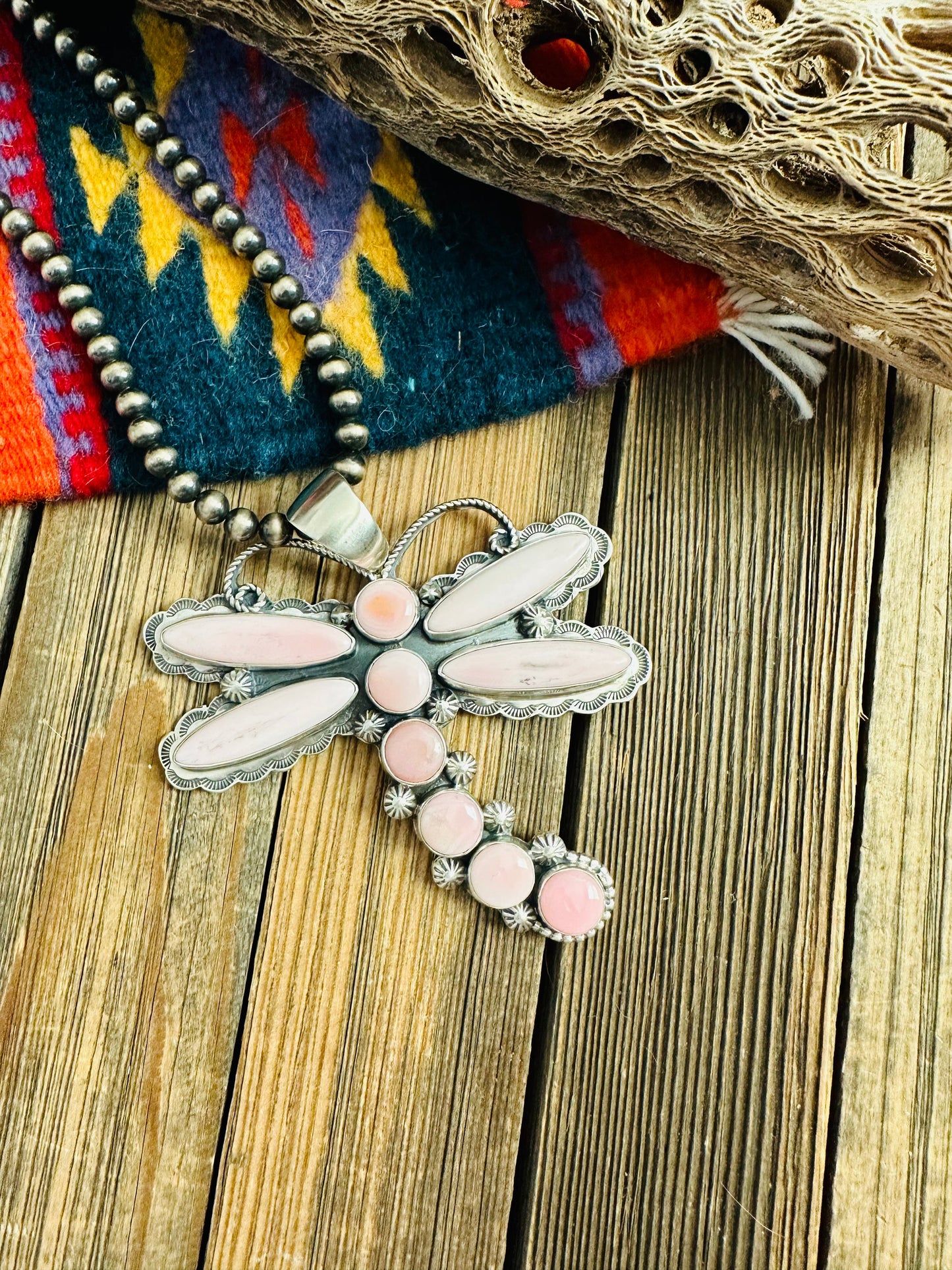 Navajo Queen Pink Conch & Sterling Silver Dragonfly Pendant By Shawn Cayatineto