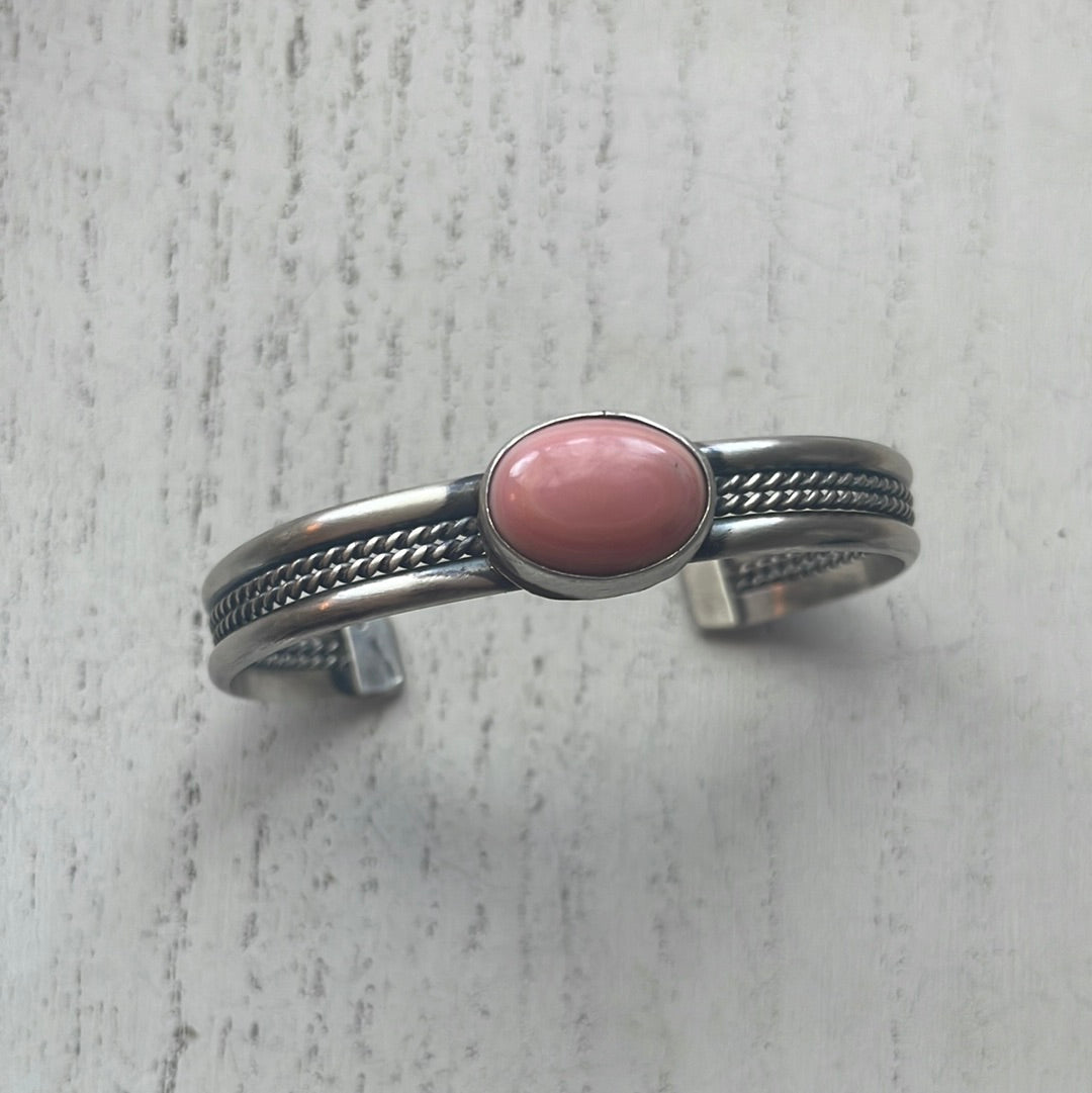 Navajo Pink Conch & Sterling Silver Adjustable Cuff Bracelet Signed