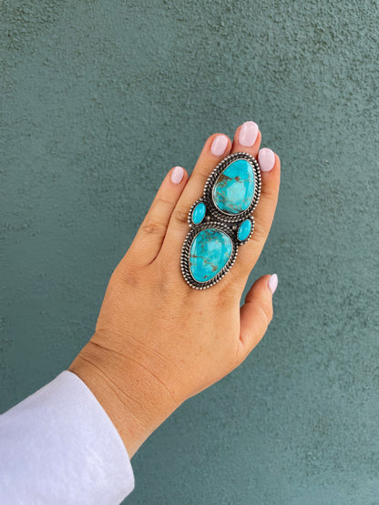 Navajo Sterling Silver And Turquoise Statement Adjustable Ring Signed