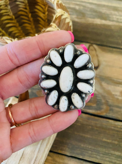 Navajo Sterling Silver And White Buffalo Cluster Adjustable Ring