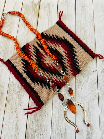 Navajo Sterling Silver & Orange Spiny Beaded Naja Necklace