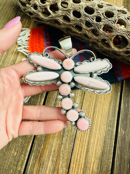 Navajo Queen Pink Conch & Sterling Silver Dragonfly Pendant By Shawn Cayatineto