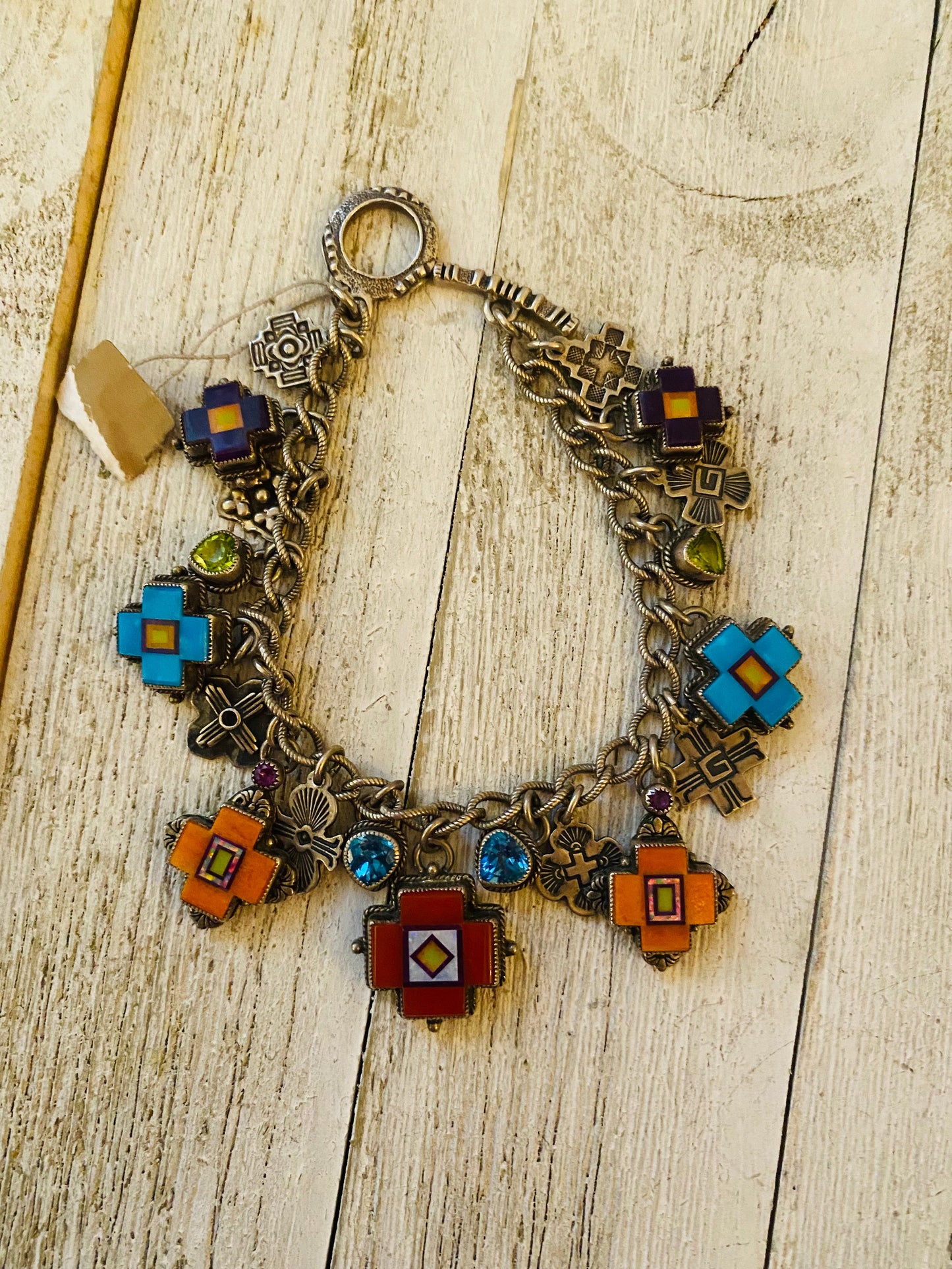 Navajo Multi Stone & Sterling Silver Inlay Link Bracelet