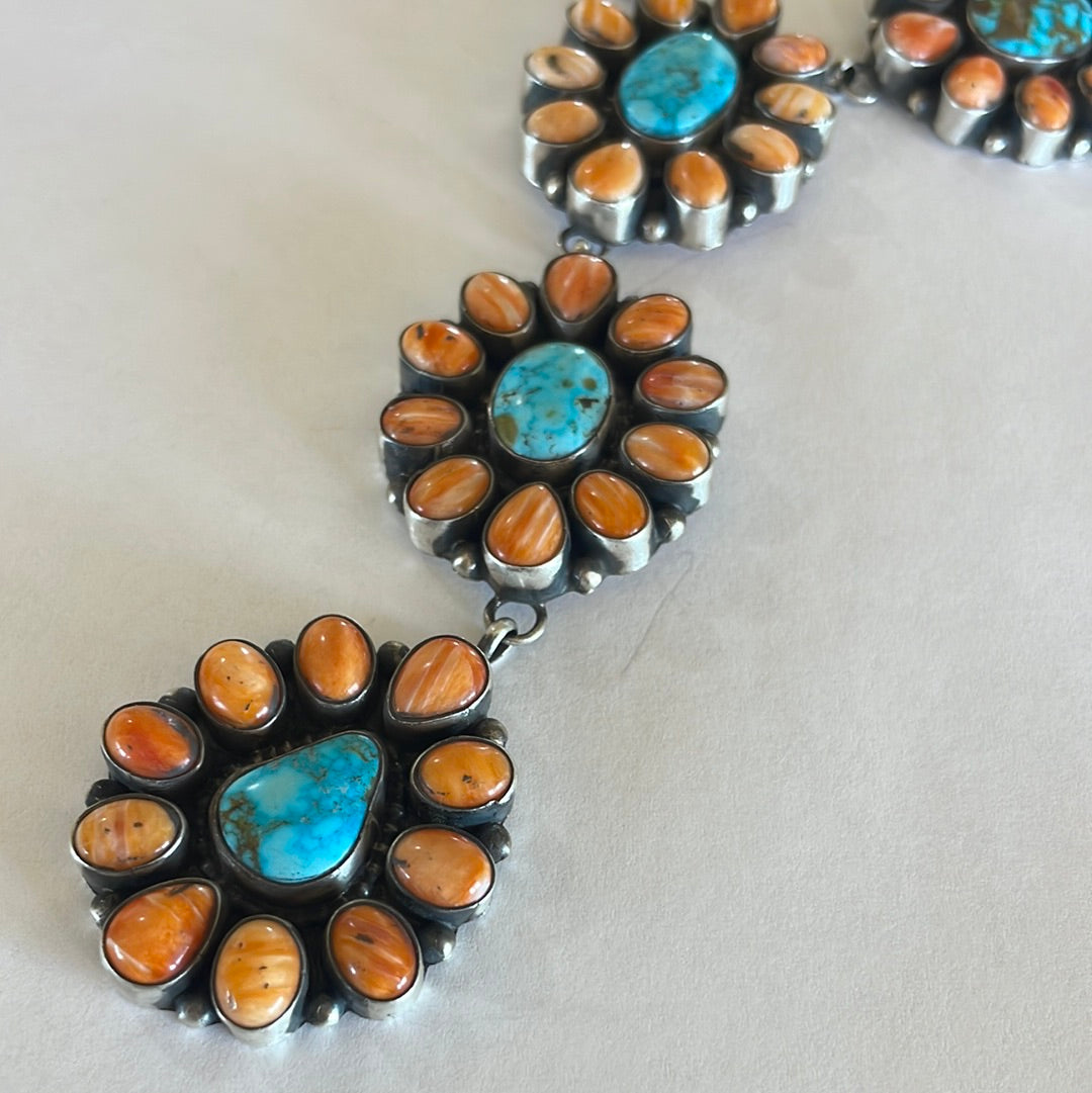 Navajo Sterling Silver Turquoise & Orange Spiny Necklace