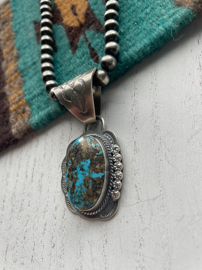 Navajo Kingman Turquoise & Sterling Silver Pendant Signed J Nelson