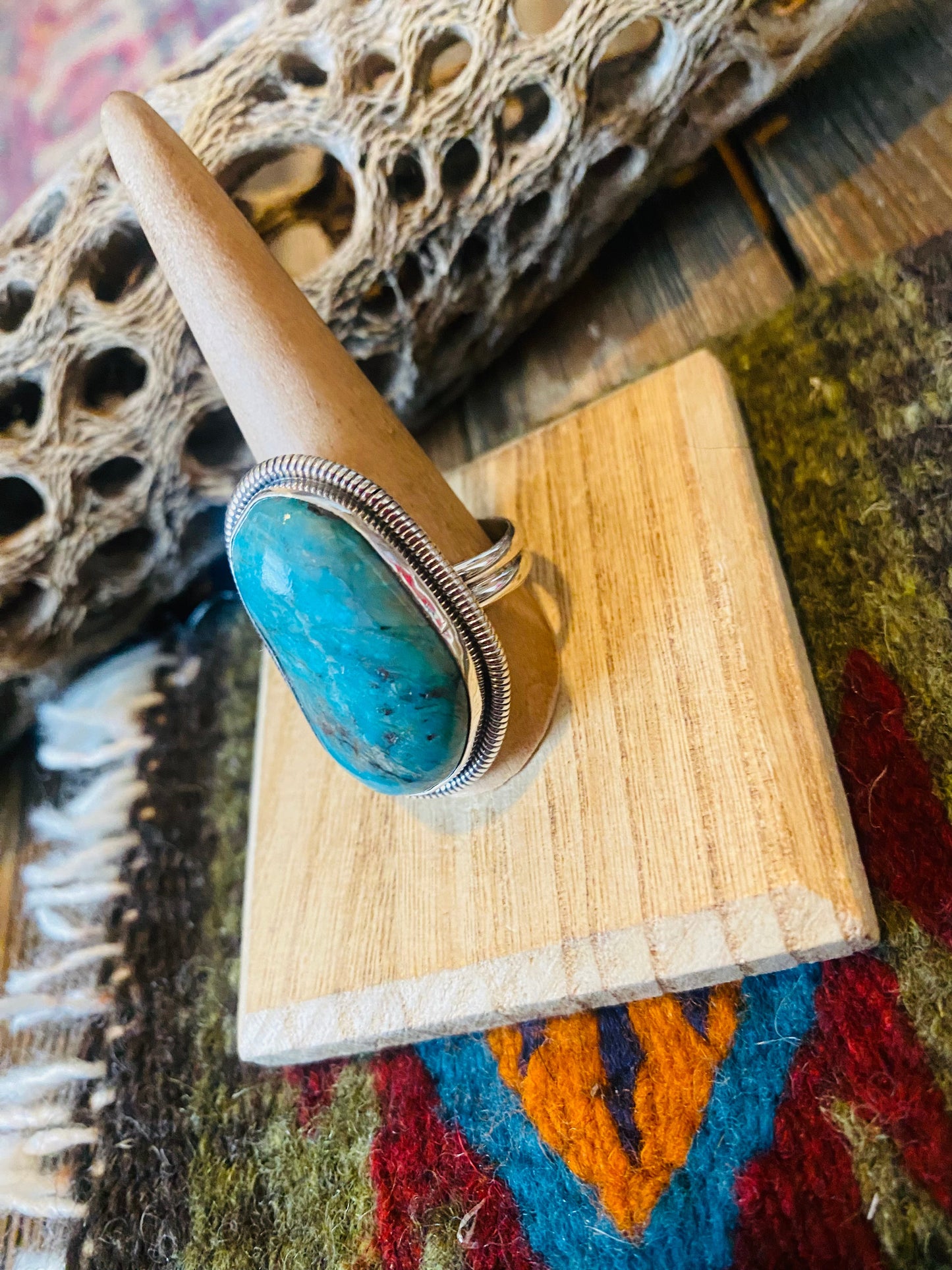 Navajo Gold Canyon Turquoise & Sterling Silver Adjustable Ring by Wydell Billie