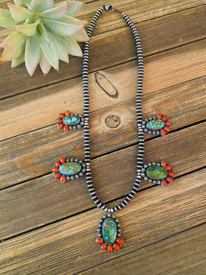 Navajo Sterling Kingman Turquoise & Natural Red Coral Necklace Taos Collection