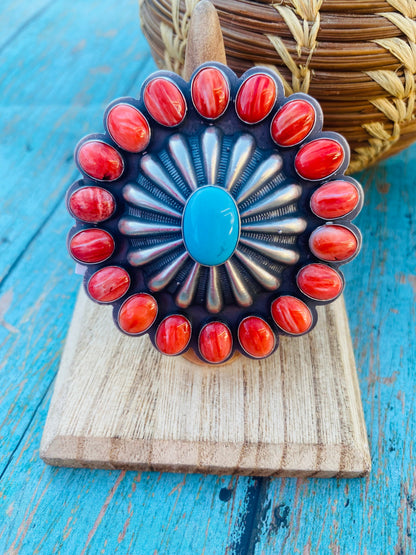 Navajo Red Spiny, Turquoise & Sterling Silver Adjustable Ring