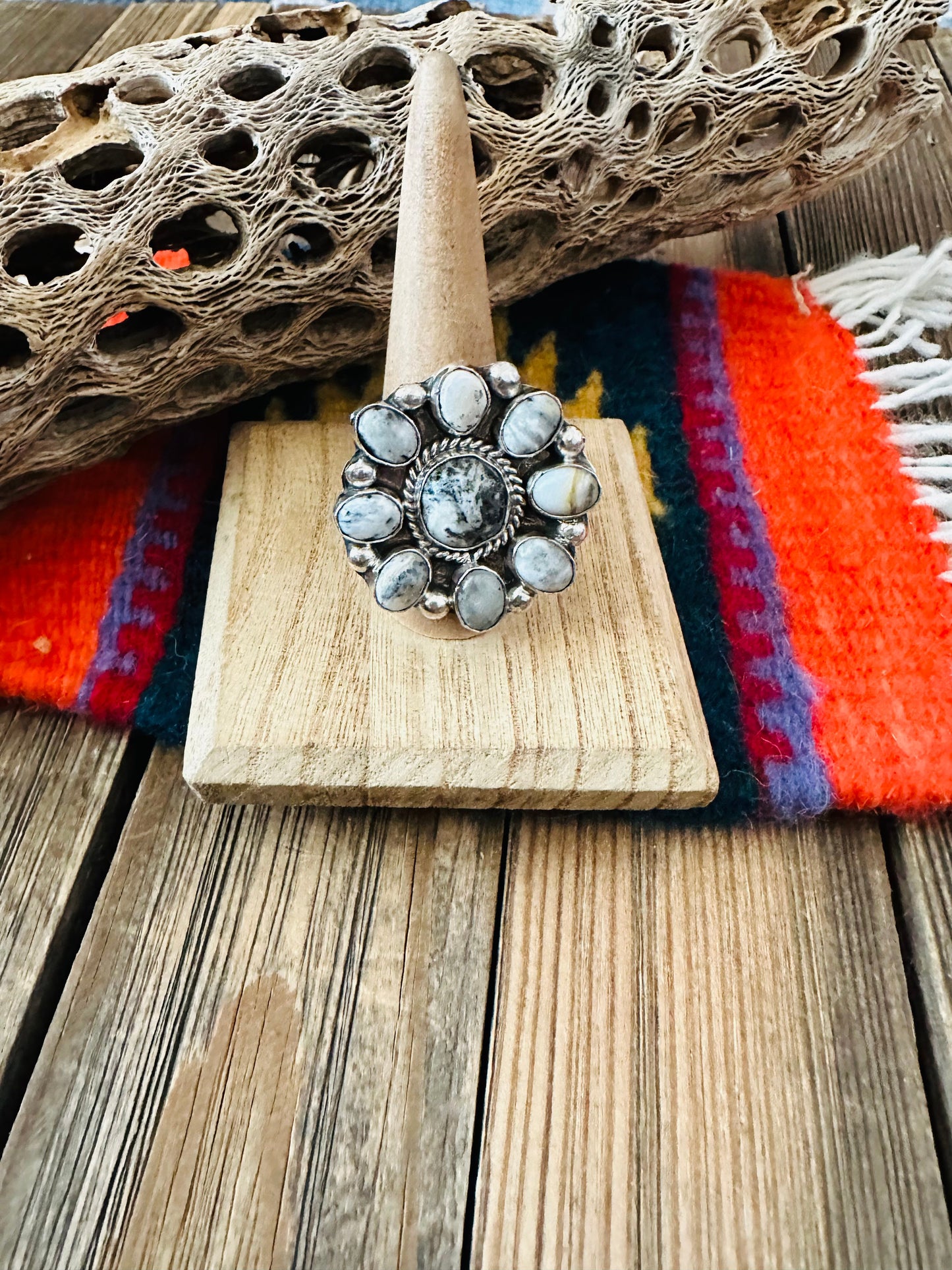 Navajo Sterling Silver And White Buffalo Cluster Adjustable Ring