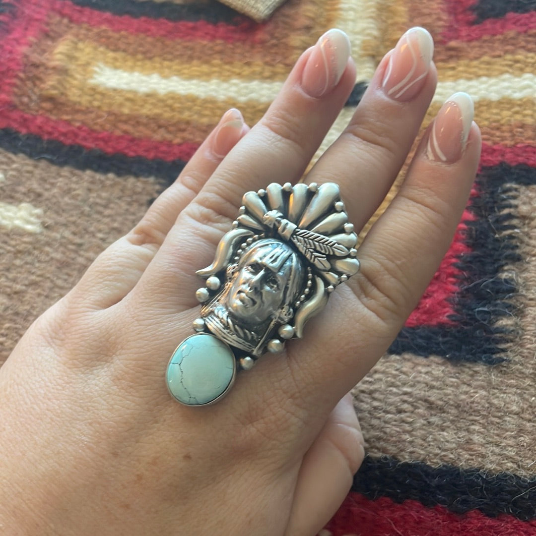 Beautiful Navajo Sterling Silver & Turquoise Chief Adjustable Ring Signed Russell Sam