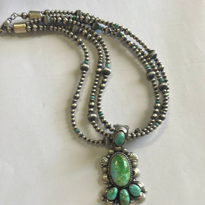 Beautiful Navajo Sterling Silver3 Strand Beaded Turquoise Necklace With Pendant Signed Gilbert Tom