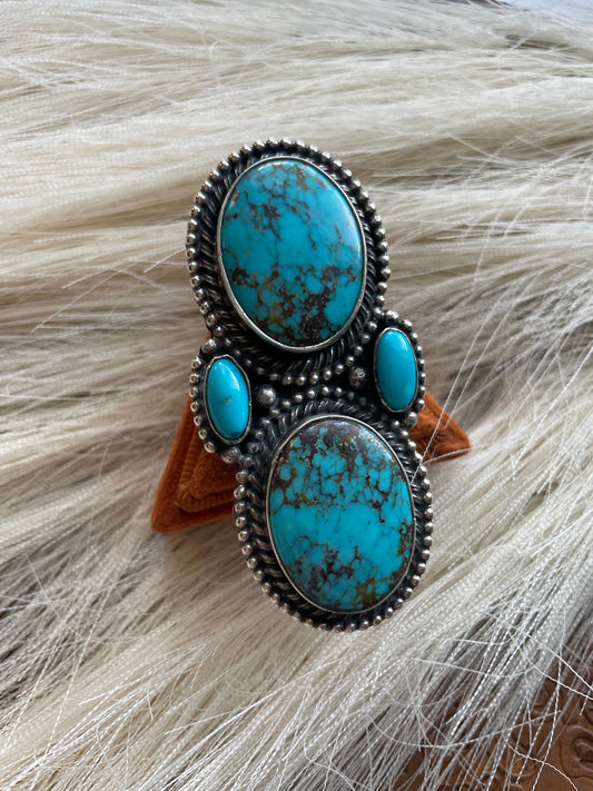 Navajo Sterling Silver And Turquoise Statement Adjustable Ring Signed